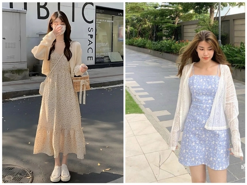 mặc áo khoác cardigan và váy hoa nhí