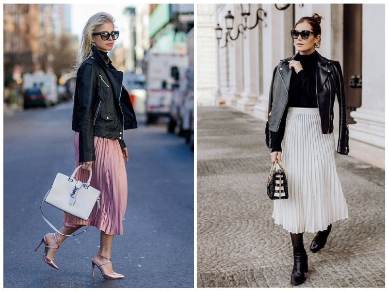 áo cổ lọ, chân váy midi xếp ly và áo khoác da lót lông