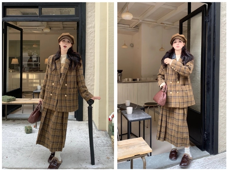 mặc suit dạ phối áo len mỏng