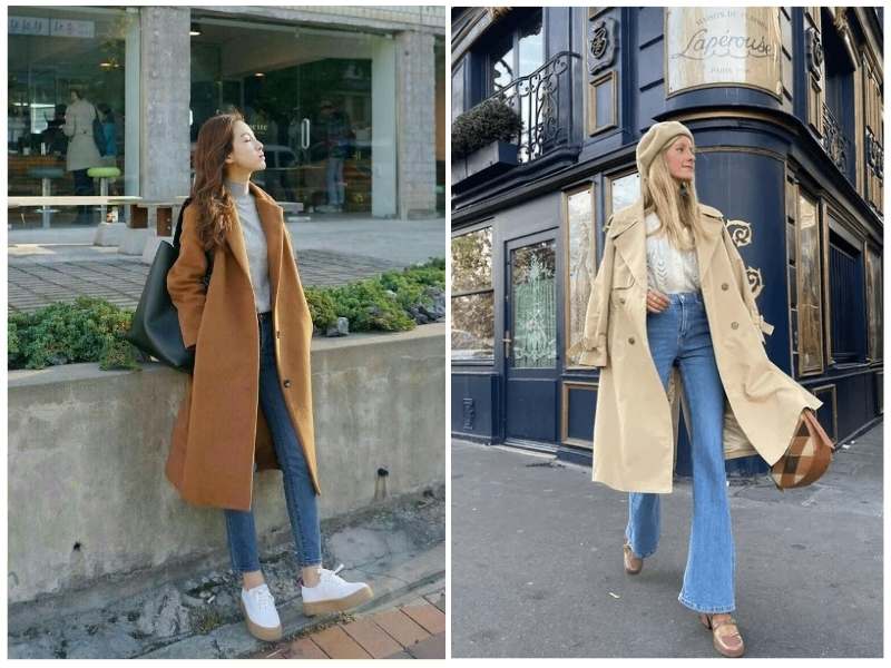 phối đồ với áo măng tô nữ dài