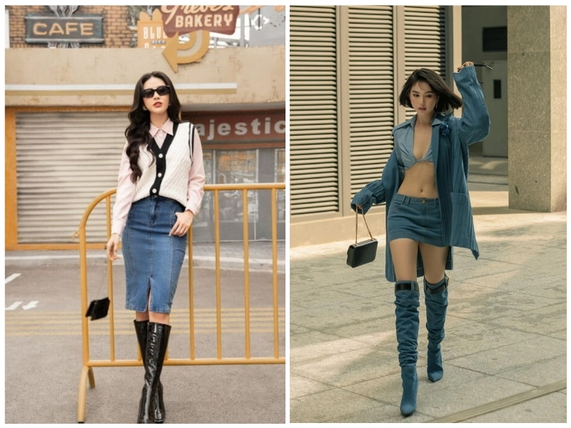 mặc chân váy denim cùng boot cổ cao nữ