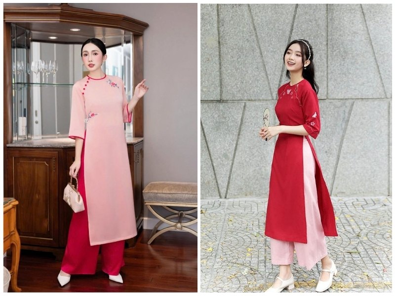 phối áo dài và quần màu hồng với màu đỏ 