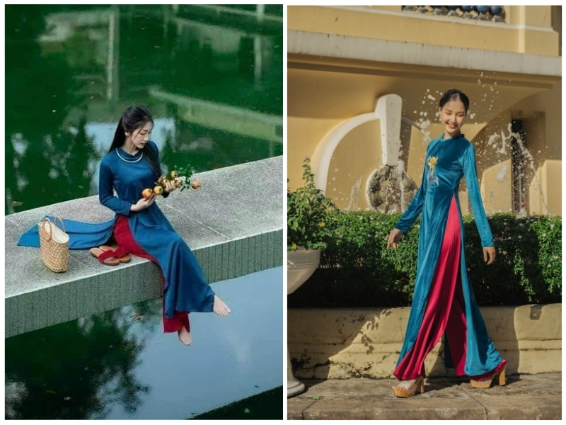 phối áo dài xanh cổ vịt và quần màu đỏ