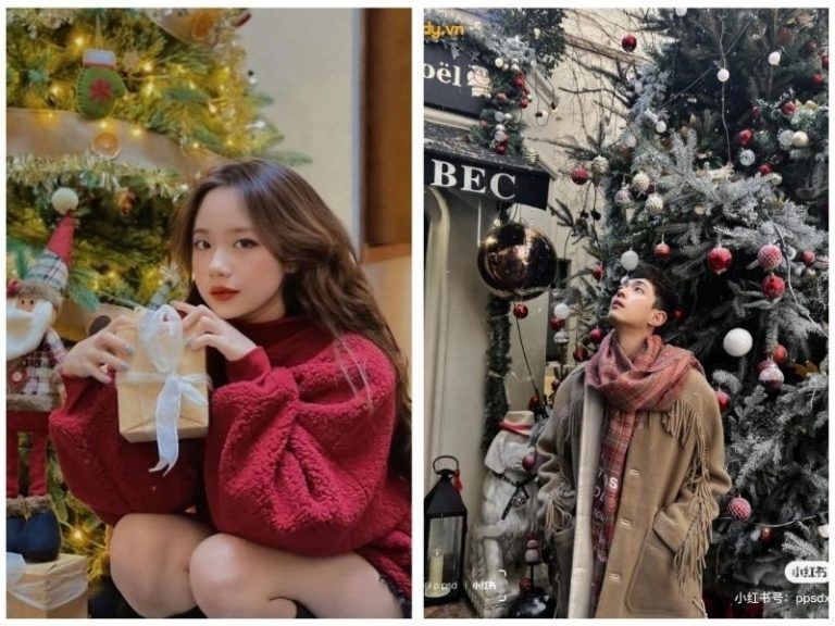 tạo dáng chụp ảnh với cây thông noel