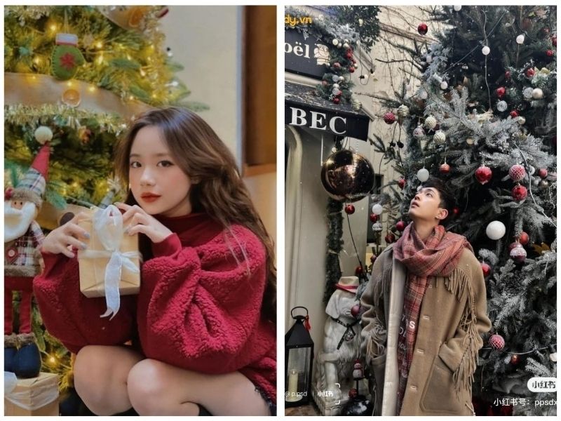 tạo dáng chụp ảnh với cây thông noel