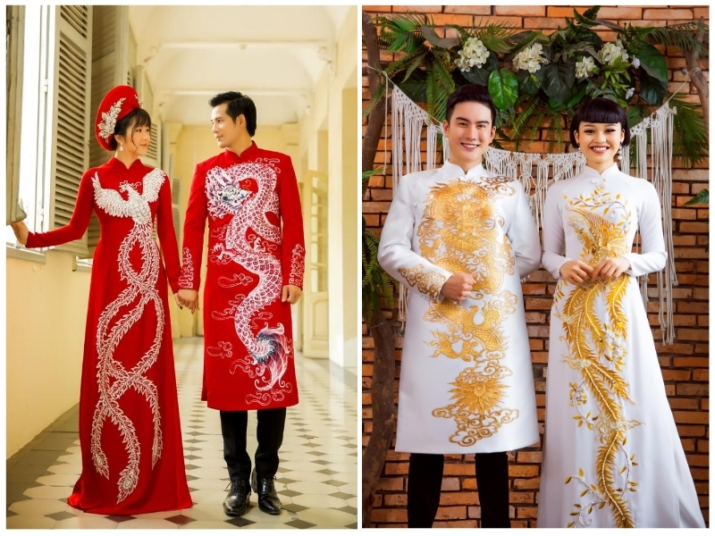 áo dài truyền thống họa tiết long phượng