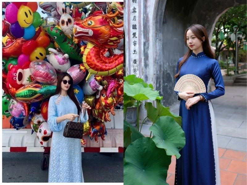 mặc áo dài màu xanh navy, xanh lam nhạt