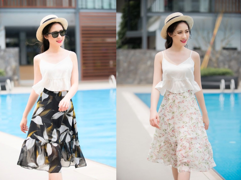 chân váy hoa mặc với áo gì