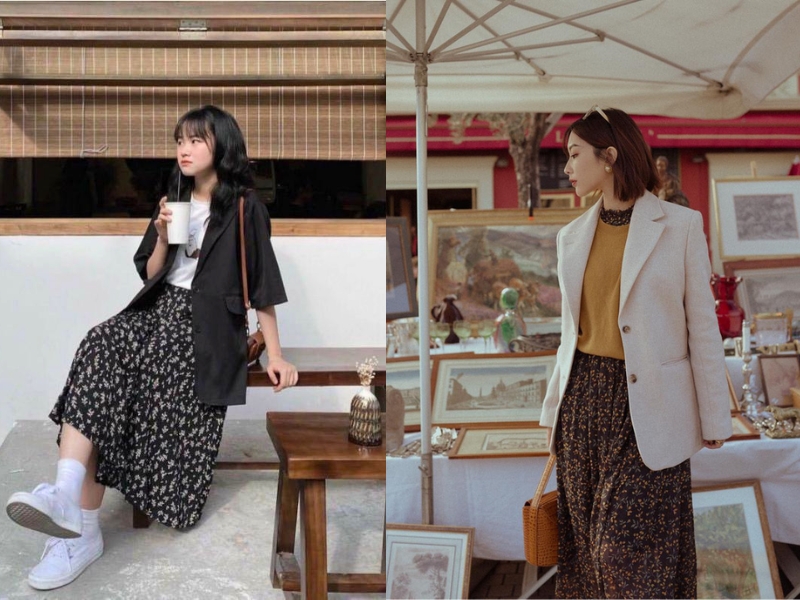 chân váy hoa phối với áo gì