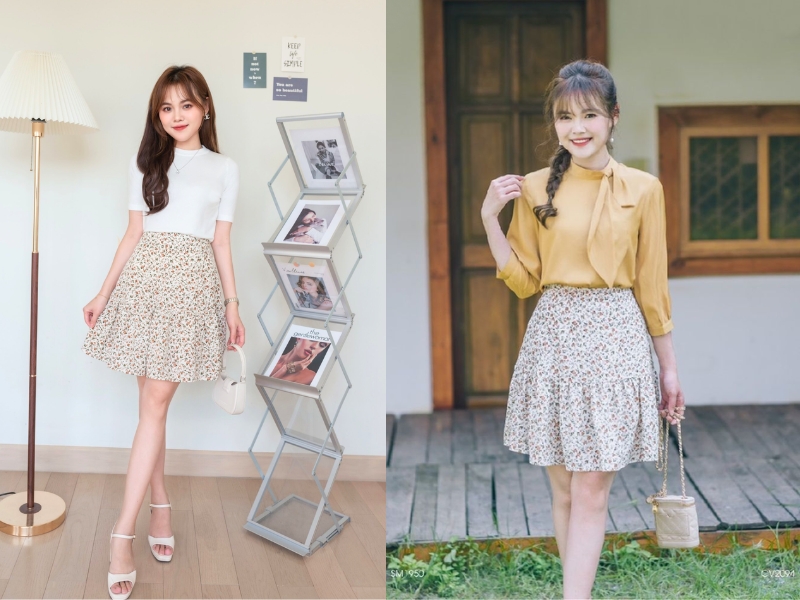 cách phối đồ với chân váy hoa xòe