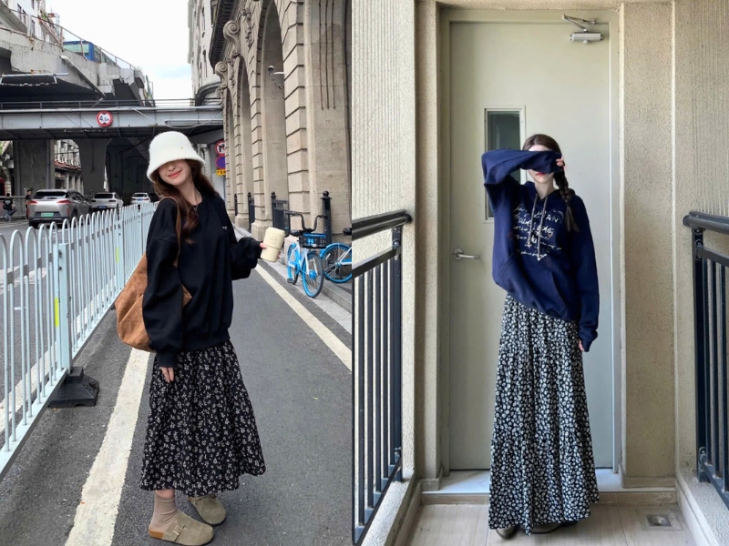 phối đồ với chân váy hoa