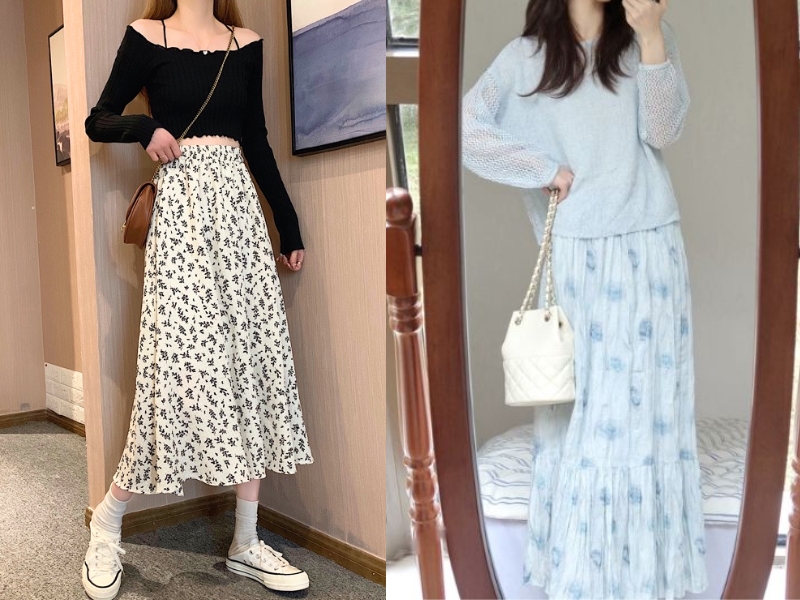 chân váy hoa kết hợp với áo gì