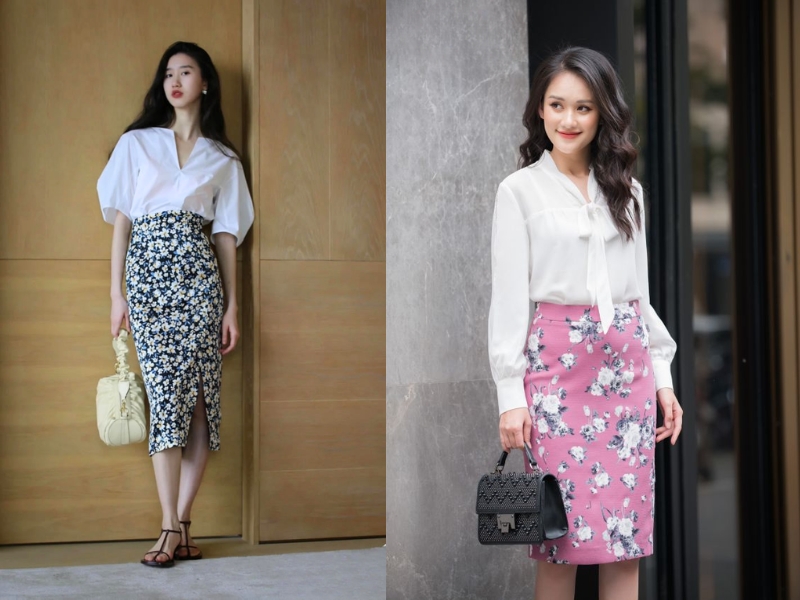 chân váy hoa phối với áo gì
