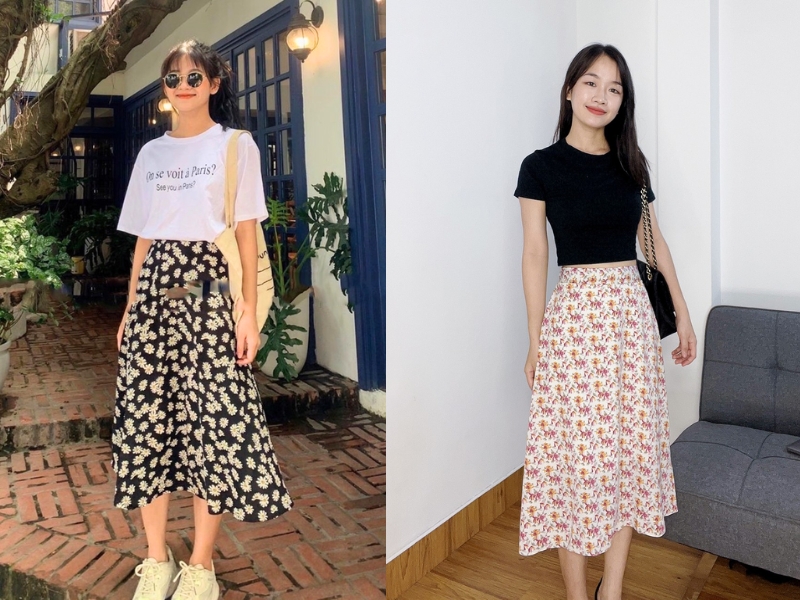 chân váy hoa mặc với áo gì