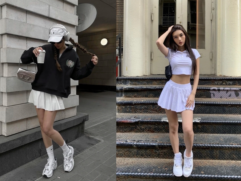 chân váy tennis phối với áo gì