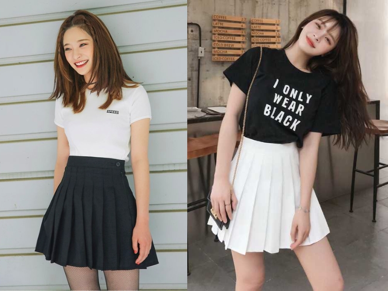 chân váy tennis nâu phối với áo gì