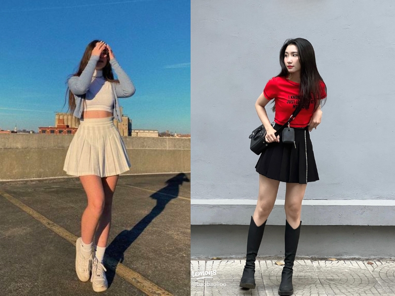 chân váy tennis xám mặc với áo gì