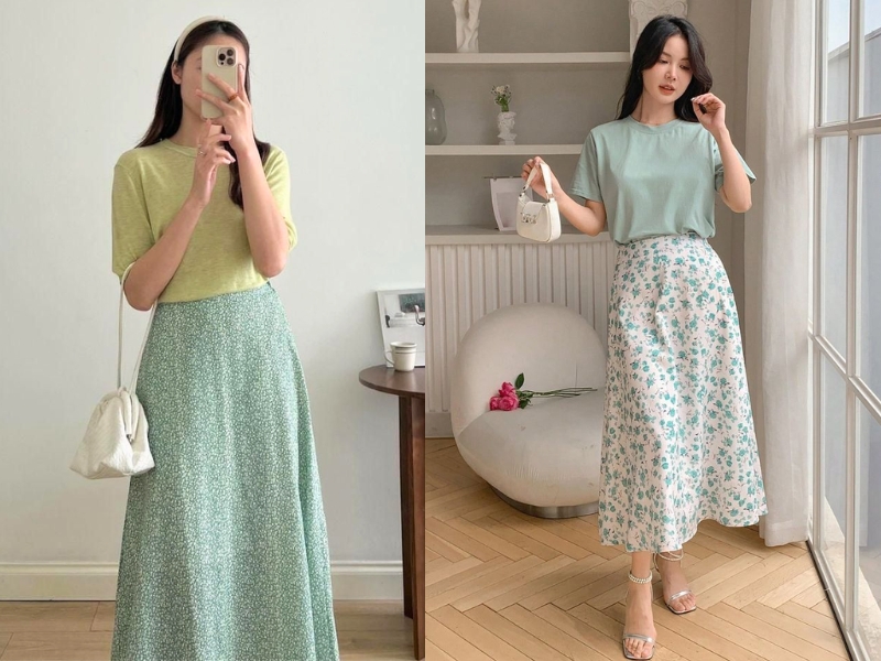 chân váy hoa mặc với áo gì