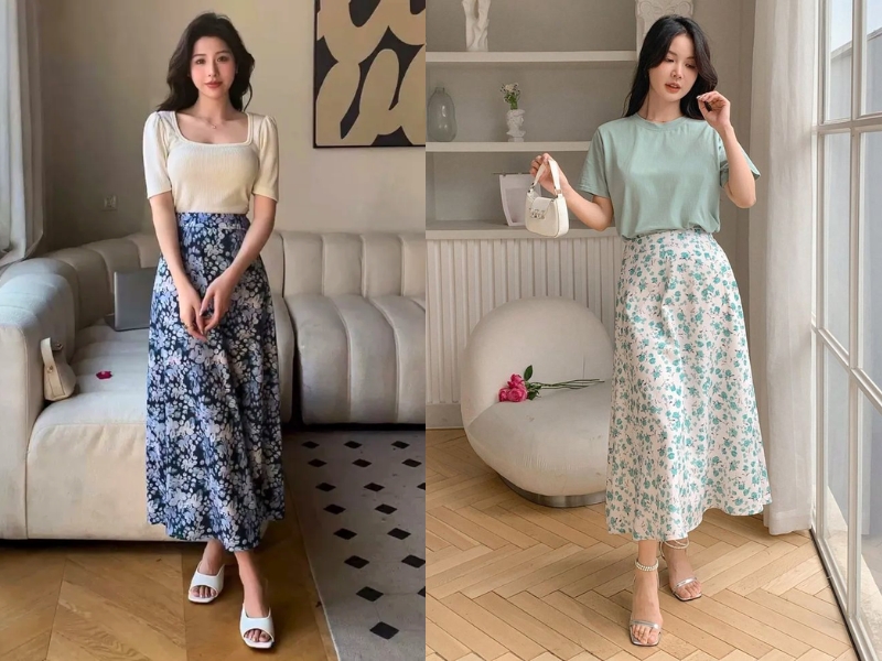 chân váy hoa mặc với áo gì