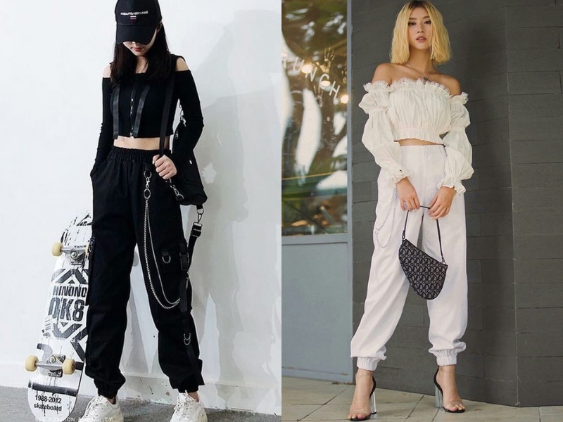 phối áo trễ vai với quần ống rộng