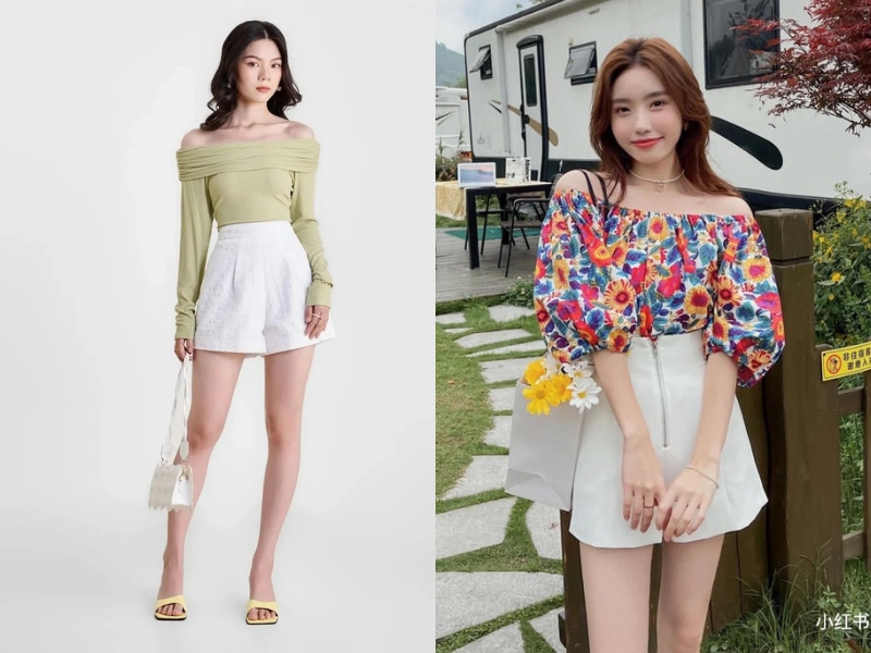 phối đồ với áo trễ vai