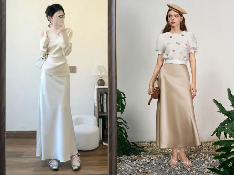 cách phối đồ với chân váy lụa dài