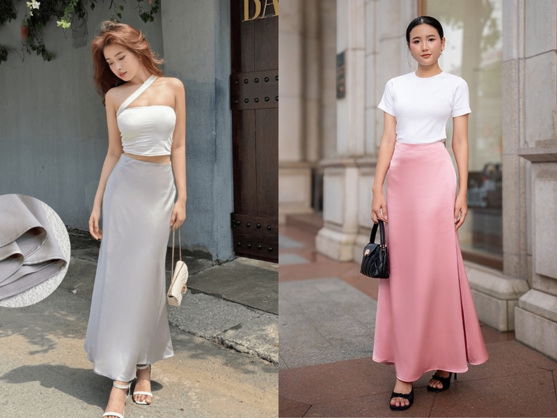chân váy lụa dài mặc với áo gì