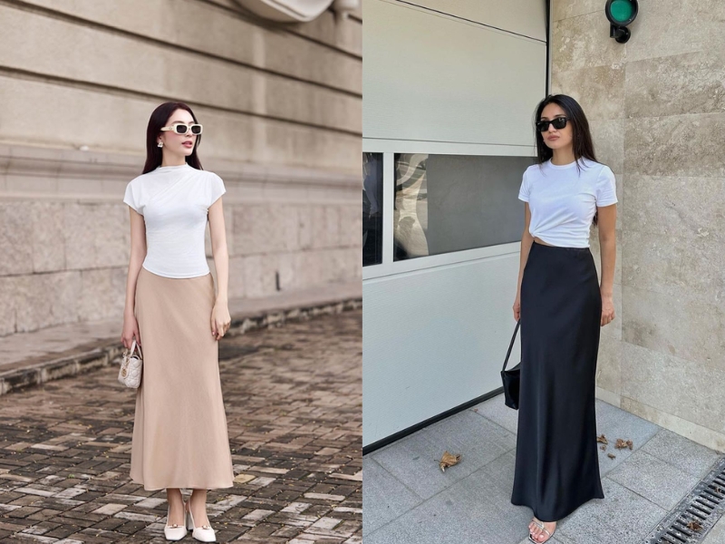 chân váy lụa phối với áo gì