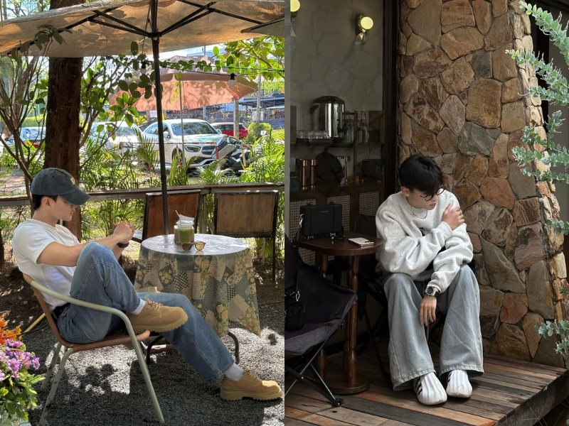 tạo dáng chụp ảnh nam ngồi cafe