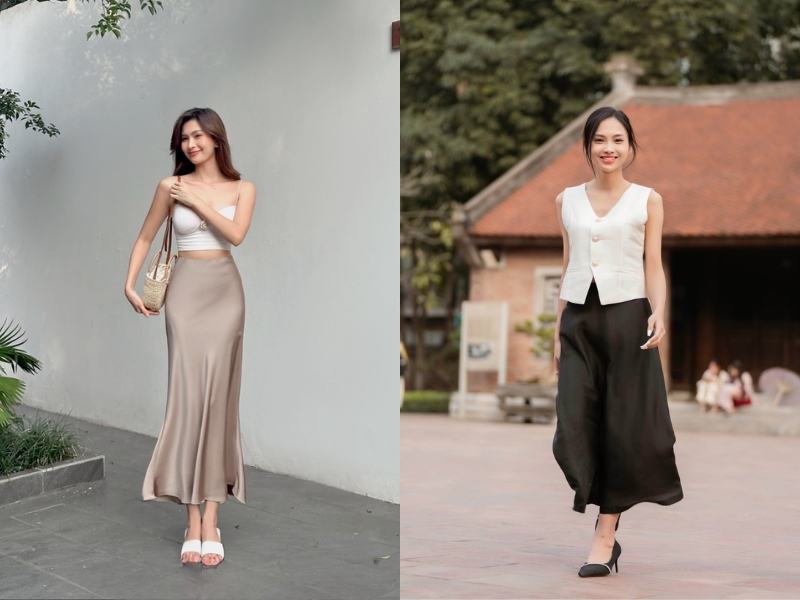 phối đồ với chân váy lụa