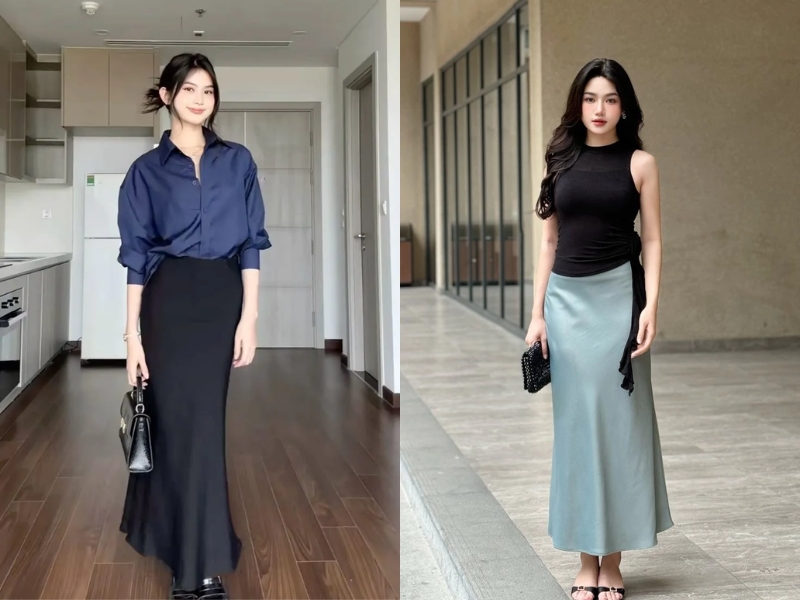 chân váy lụa phối với áo gì