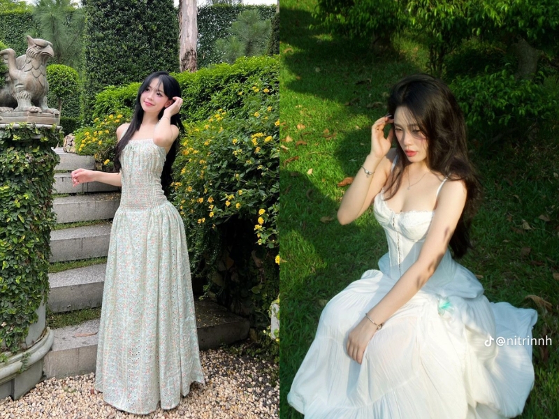 tạo dáng với váy trễ vai