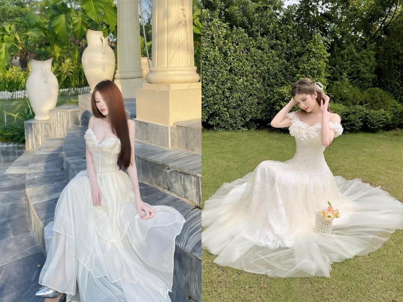 tạo dáng với váy trễ vai