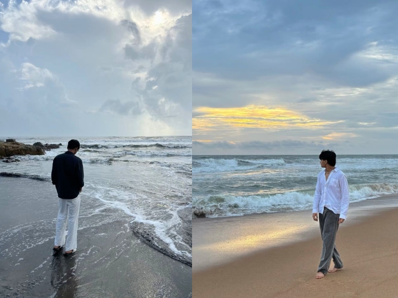 tạo dáng chụp ảnh bình minh trên biển cho nam