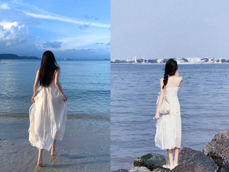 mặc váy maxi tạo dáng chụp ảnh bãi biển