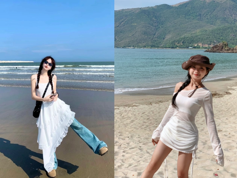 mặc váy maxi tạo dáng chụp ảnh bãi biển