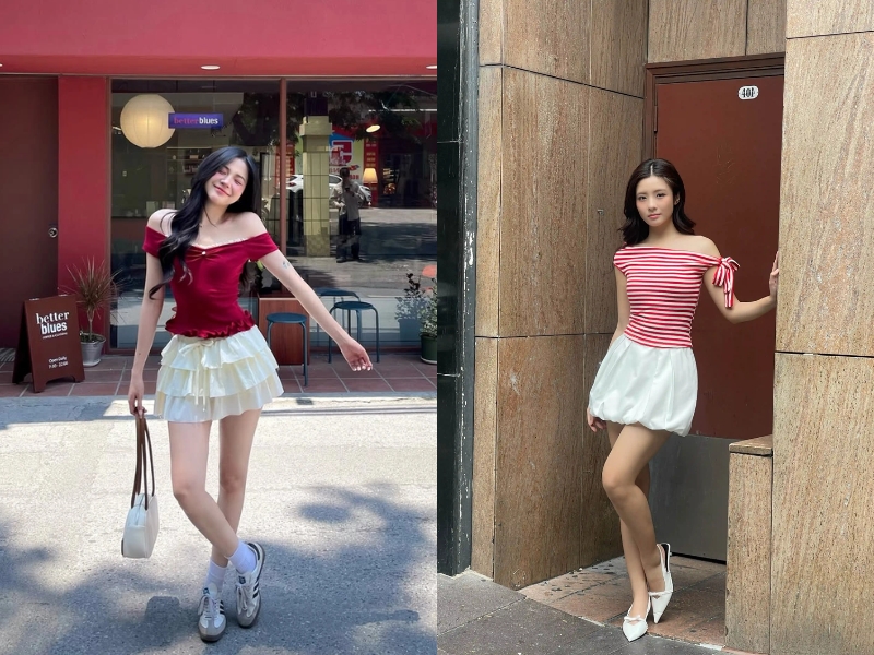phối áo trễ vai với chân váy dài