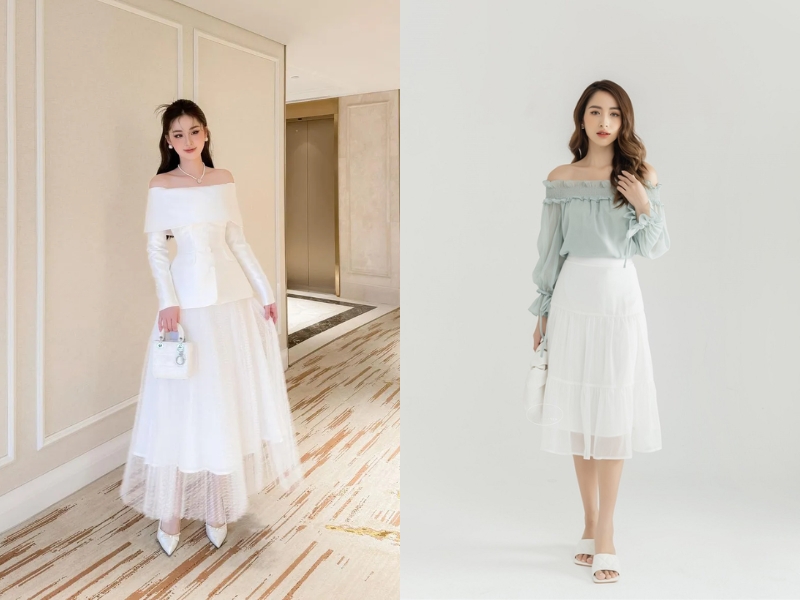 phối áo trễ vai với chân váy ngắn
