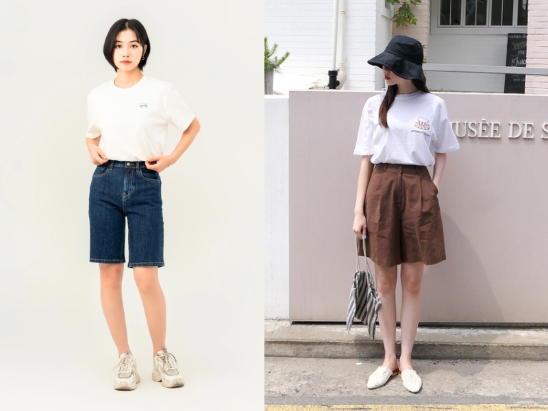 quần short ngang gối phối áo phông trơn 