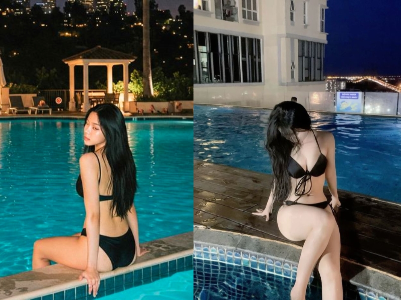 tạo dáng chụp bikini hồ bơi