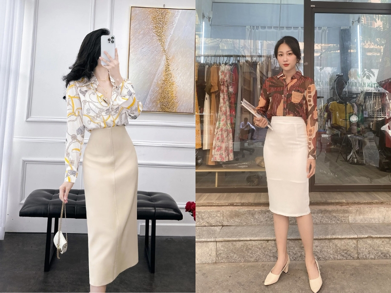 chân váy màu be phối với áo màu gì