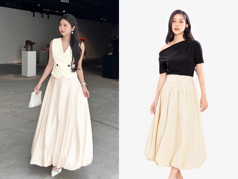 phối đồ với chân váy màu be