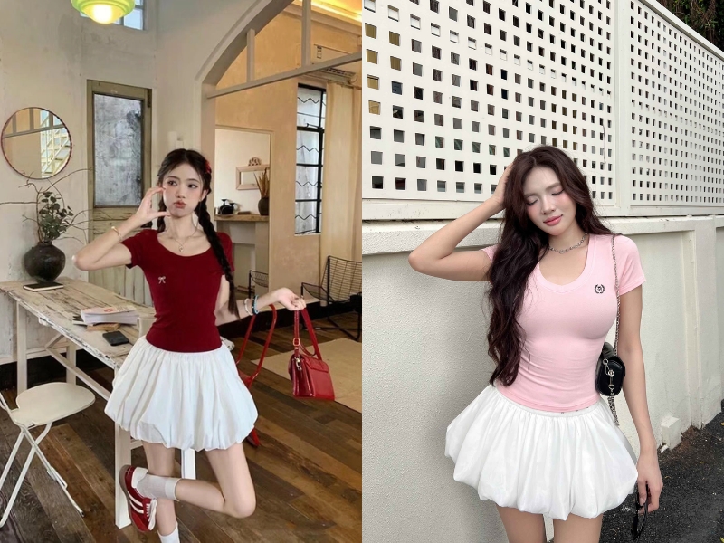 chân váy bí ngô mặc với áo gì