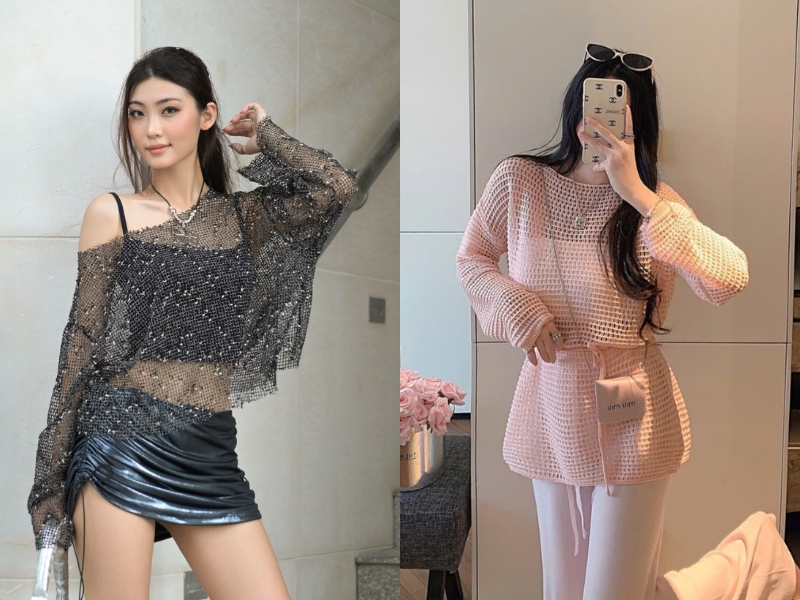 phối đồ với áo lưới tay ngắn
