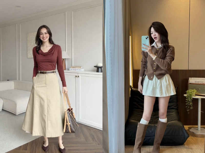 chân váy màu be mặc với áo gì