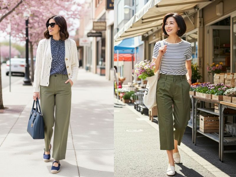 quần xanh rêu phối áo màu gì