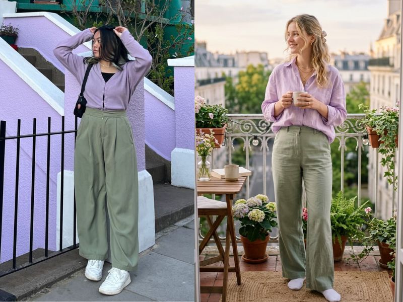quần xanh rêu phối áo màu gì