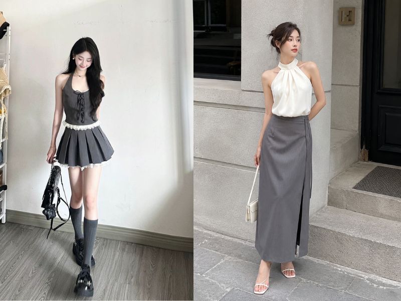 chân váy màu ghi xám phối với áo màu gì