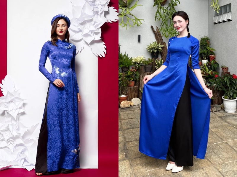 Phối áo dài xanh coban với quần màu đen