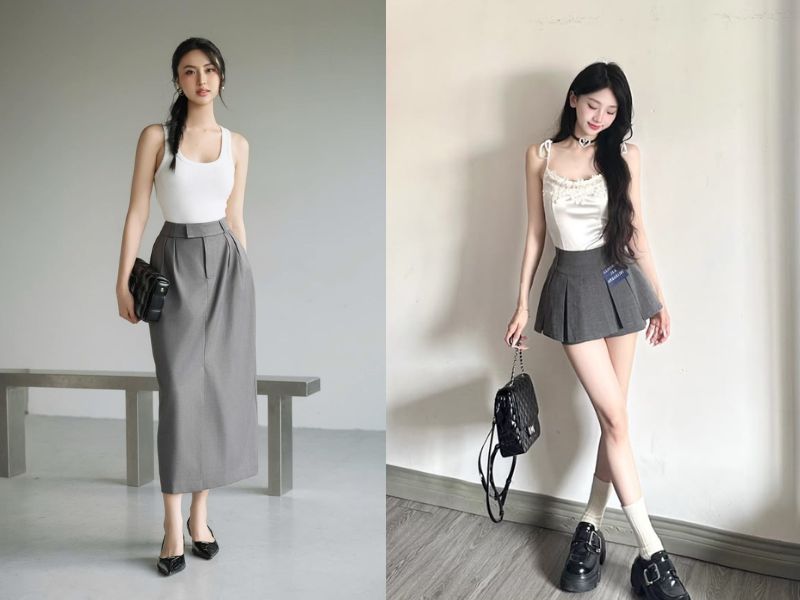 chân váy màu ghi xám phối với áo màu gì